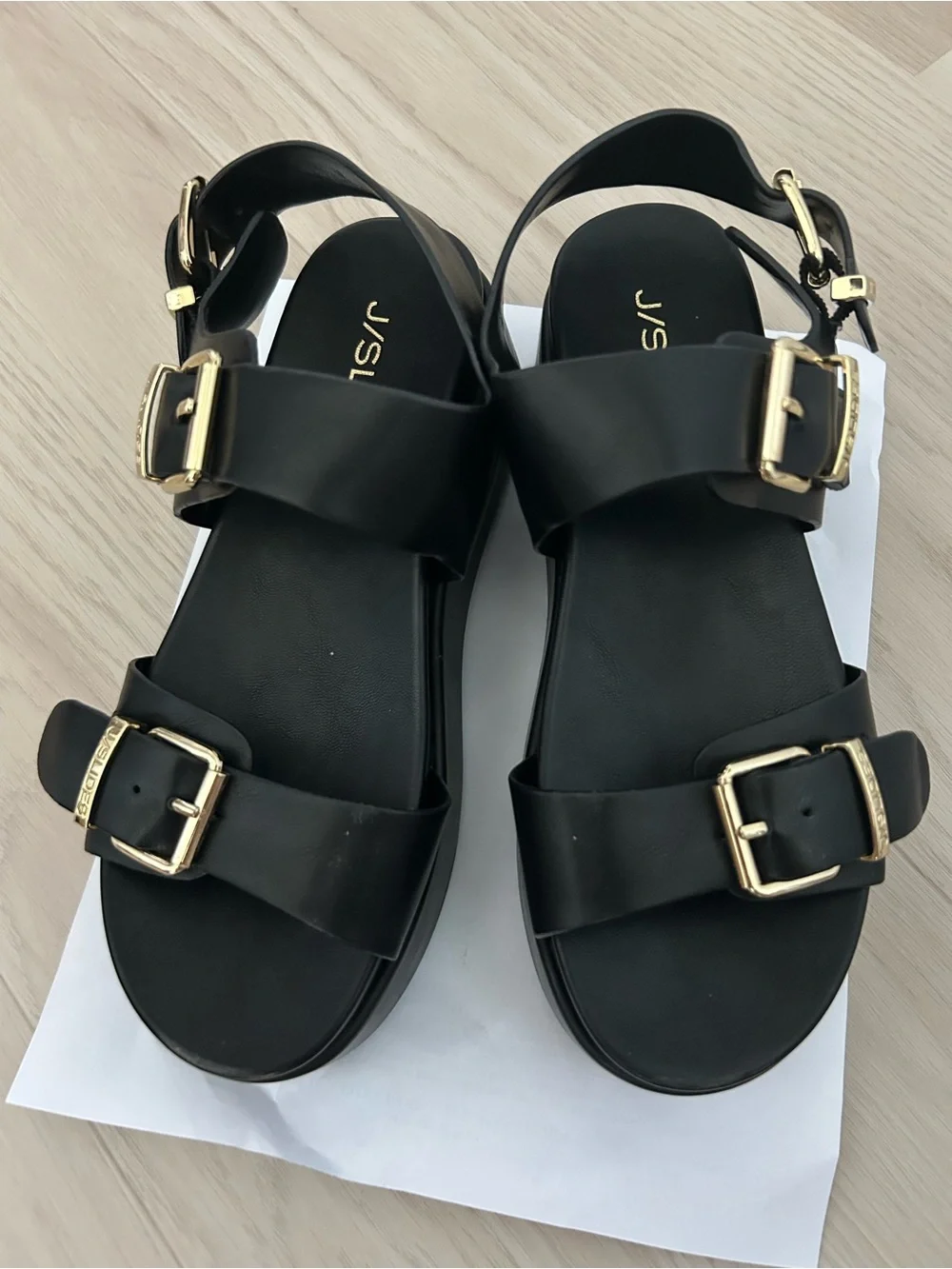 J Slides Black Platform Dual-Buckle Sandal with Gold Hardware